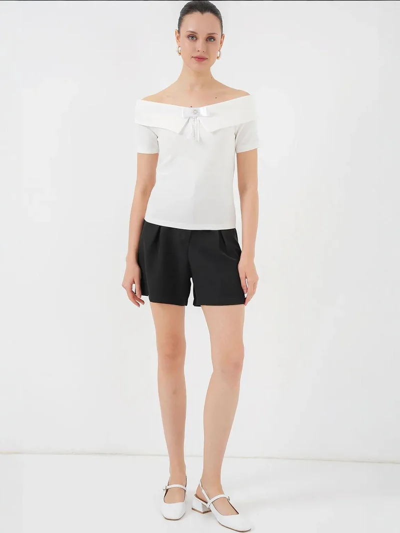 BIG DART BDART Boat Neck Ribbed Blouse with Bow