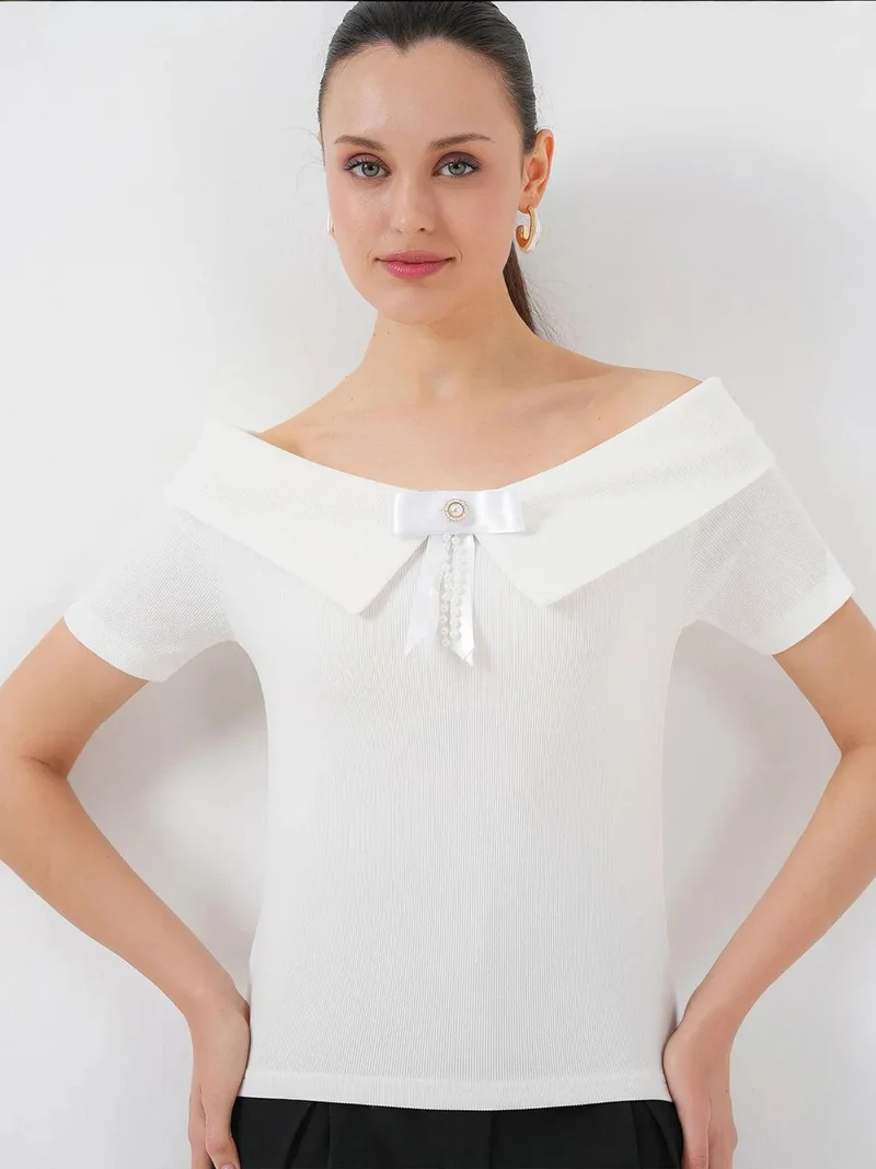 BIG DART BDART Boat Neck Ribbed Blouse with Bow