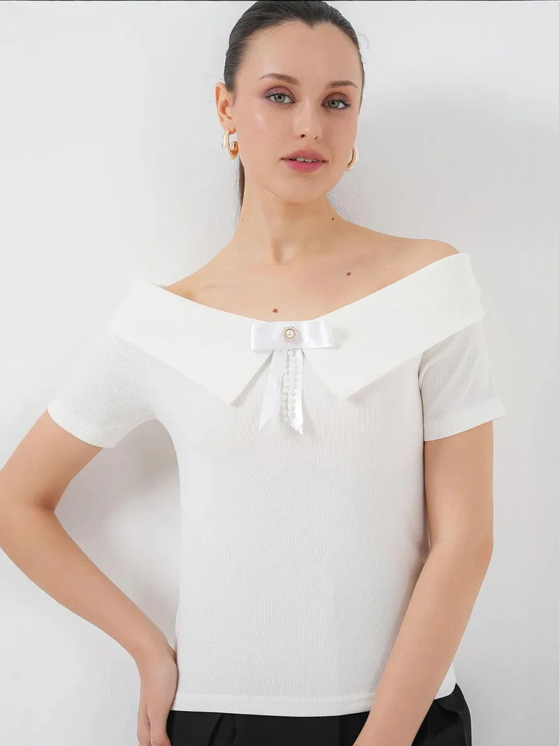 Big Dart White BDART Boat Neck Ribbed Blouse with Bow for Women | Best Price UAE