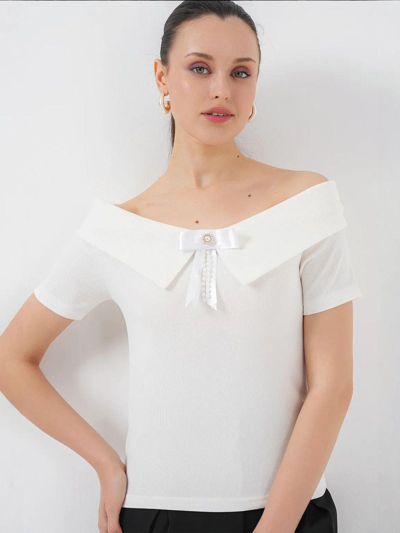 BIG DART BDART Boat Neck Ribbed Blouse with Bow - Image 3