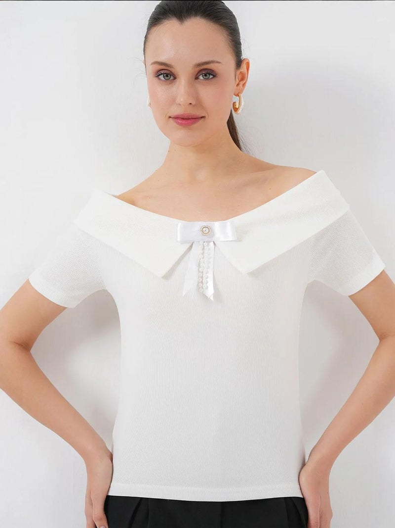 BIG DART BDART Boat Neck Ribbed Blouse with Bow - Image 1