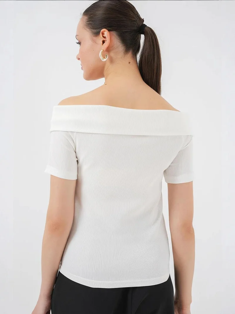 Big Dart White BDART Boat Neck Ribbed Blouse with Bow for Women | Best Price UAE