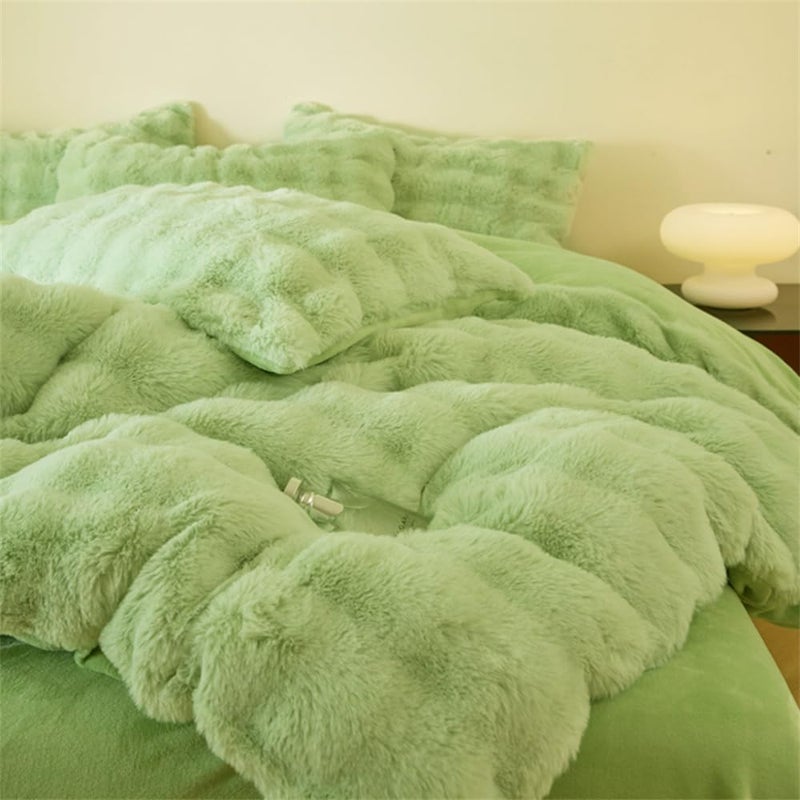 Lotus Karen Lotus Karen Fluffy Comforter Cover Set-Rabbit Fluff Faux Fur Duvet Cover Queen Size Sage Green Plush Fuzzy Furry Bedding Sets 3Pieces(1 Duvet Cover & 2 Pillow Shams) Zipper Closure  - Image 2