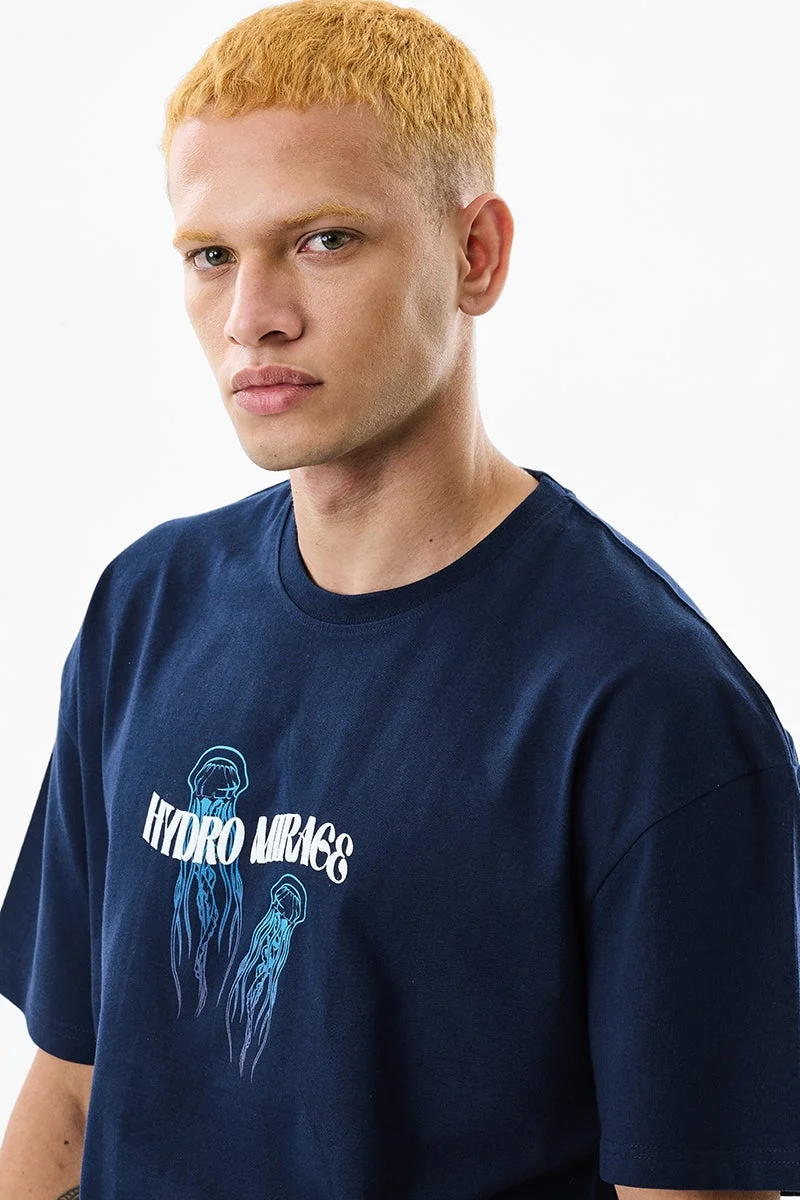 سنيتش Navy Graphic Half Sleeve Oversized T-Shirt