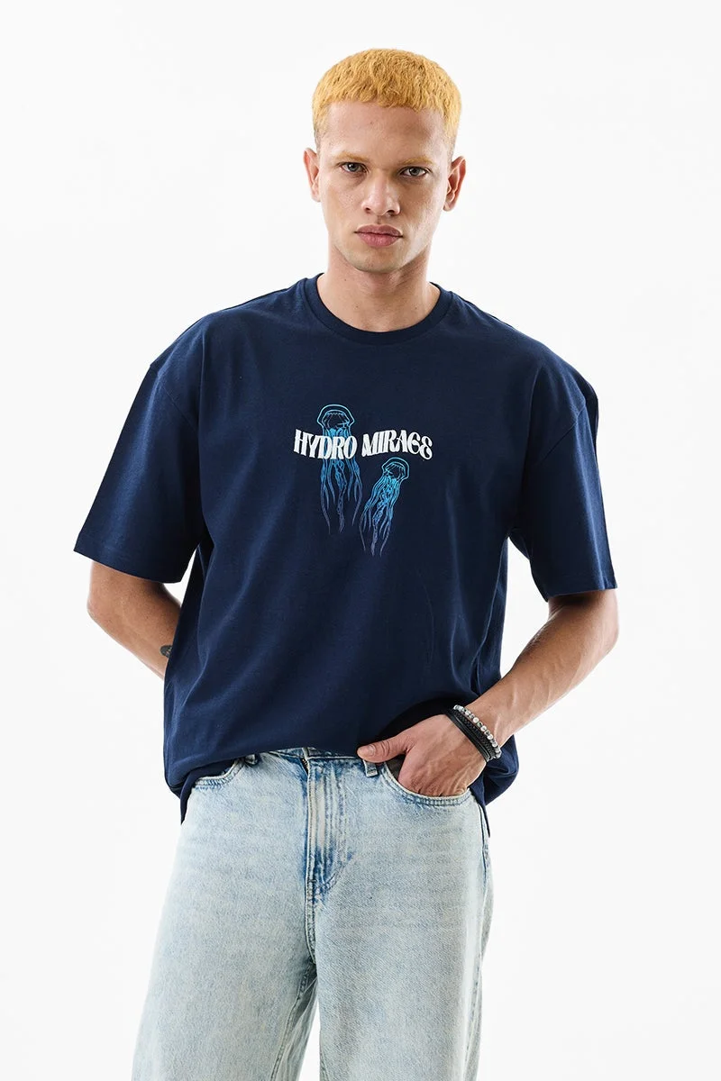 سنيتش Navy Graphic Half Sleeve Oversized T-Shirt