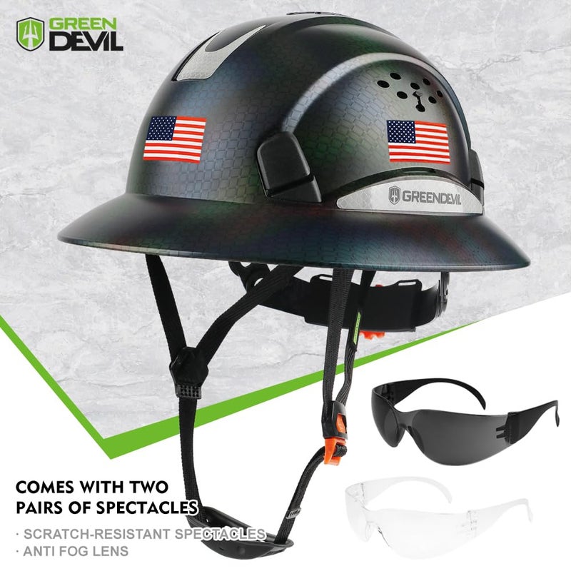 GREEN DEVIL Full Brim Hard Hat Vented Construction Safety Helmet OSHA Approved Cascos De Construccion ABS Work Hardhat for Men&Women 6 Point Adjustable Ratchet Suspension Custom Pattern Design - Image 2