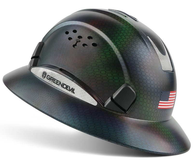 GREEN DEVIL Full Brim Hard Hat Vented Construction Safety Helmet OSHA Approved Cascos De Construccion ABS Work Hardhat for Men&Women 6 Point Adjustable Ratchet Suspension Custom Pattern Design - Image 1