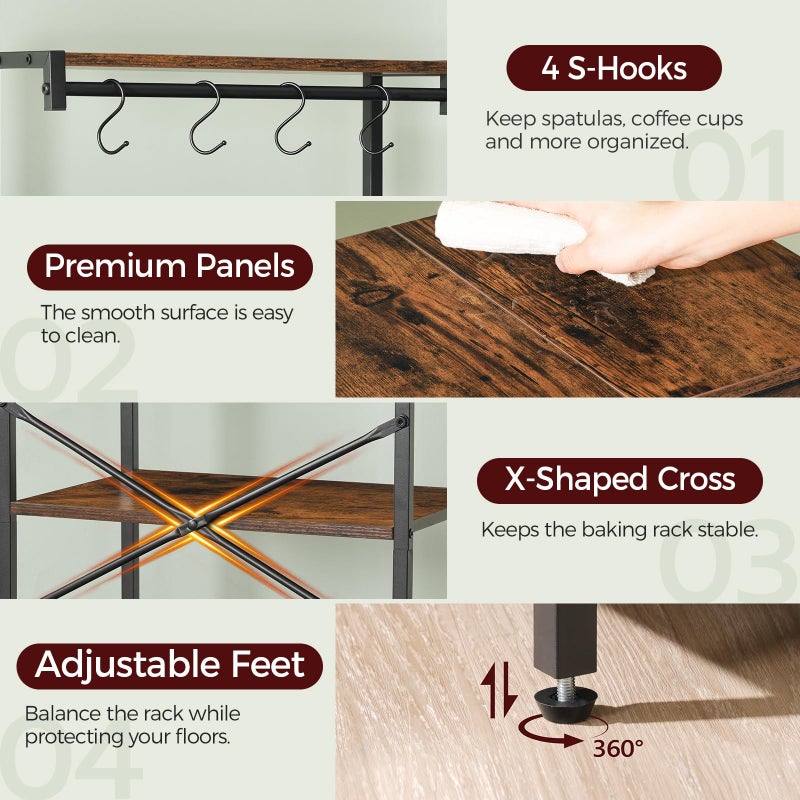MAHANCRIS Bakers Rack with Drawer, Microwave Stand with Power Outlet, Coffee Bar Station with 4 Hooks, Kitchen Storage Shelf Rack 4 Tiers, for Kitchen, Dining Room, Rustic Brown and Black BRHR48E01 - Image 4