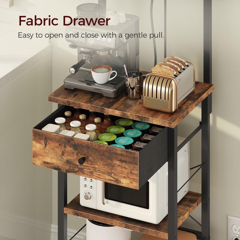 MAHANCRIS Bakers Rack with Drawer, Microwave Stand with Power Outlet, Coffee Bar Station with 4 Hooks, Kitchen Storage Shelf Rack 4 Tiers, for Kitchen, Dining Room, Rustic Brown and Black BRHR48E01 - Image 5