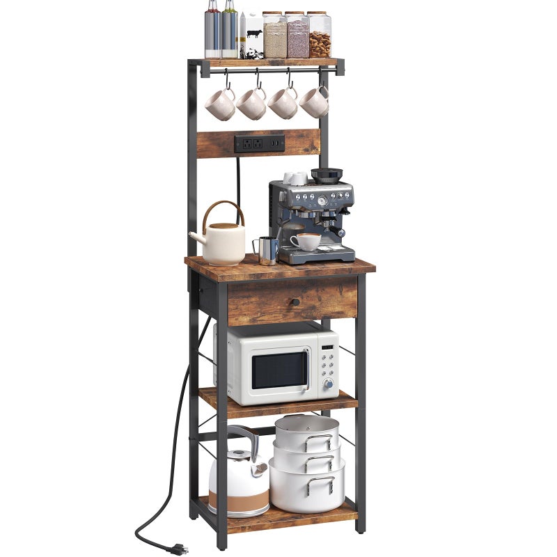 MAHANCRIS Bakers Rack with Drawer, Microwave Stand with Power Outlet, Coffee Bar Station with 4 Hooks, Kitchen Storage Shelf Rack 4 Tiers, for Kitchen, Dining Room, Rustic Brown and Black BRHR48E01 - Image 1