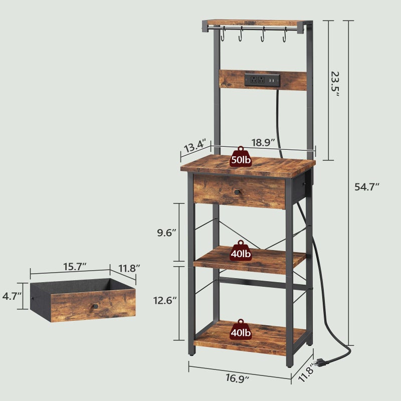 MAHANCRIS Bakers Rack with Drawer, Microwave Stand with Power Outlet, Coffee Bar Station with 4 Hooks, Kitchen Storage Shelf Rack 4 Tiers, for Kitchen, Dining Room, Rustic Brown and Black BRHR48E01 - Image 2
