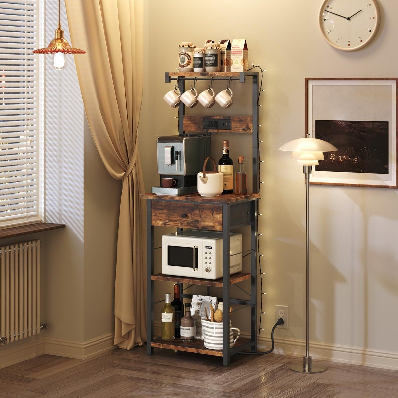 MAHANCRIS Bakers Rack with Drawer, Microwave Stand with Power Outlet, Coffee Bar Station with 4 Hooks, Kitchen Storage Shelf Rack 4 Tiers, for Kitchen, Dining Room, Rustic Brown and Black BRHR48E01 - Image 3