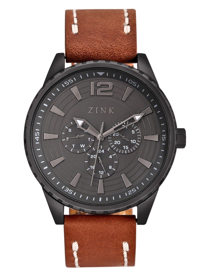 زنك ساعة زينك الأنيقة ZK131G2LS-92 - ساعة رجالية عصرية بسوار جلدي بني ومينا سوداء - Image 1