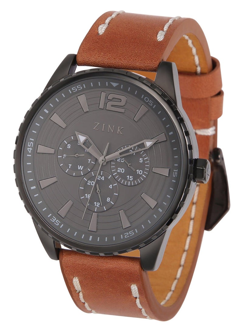 زنك ساعة زينك الأنيقة ZK131G2LS-92 - ساعة رجالية عصرية بسوار جلدي بني ومينا سوداء - Image 3