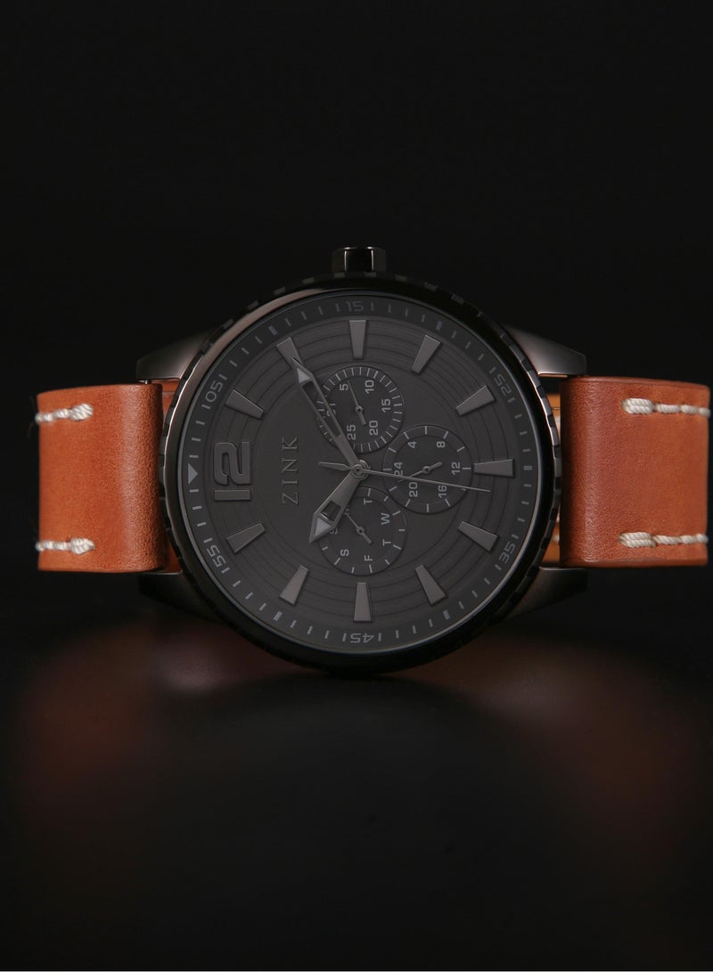زنك ساعة زينك الأنيقة ZK131G2LS-92 - ساعة رجالية عصرية بسوار جلدي بني ومينا سوداء - Image 4