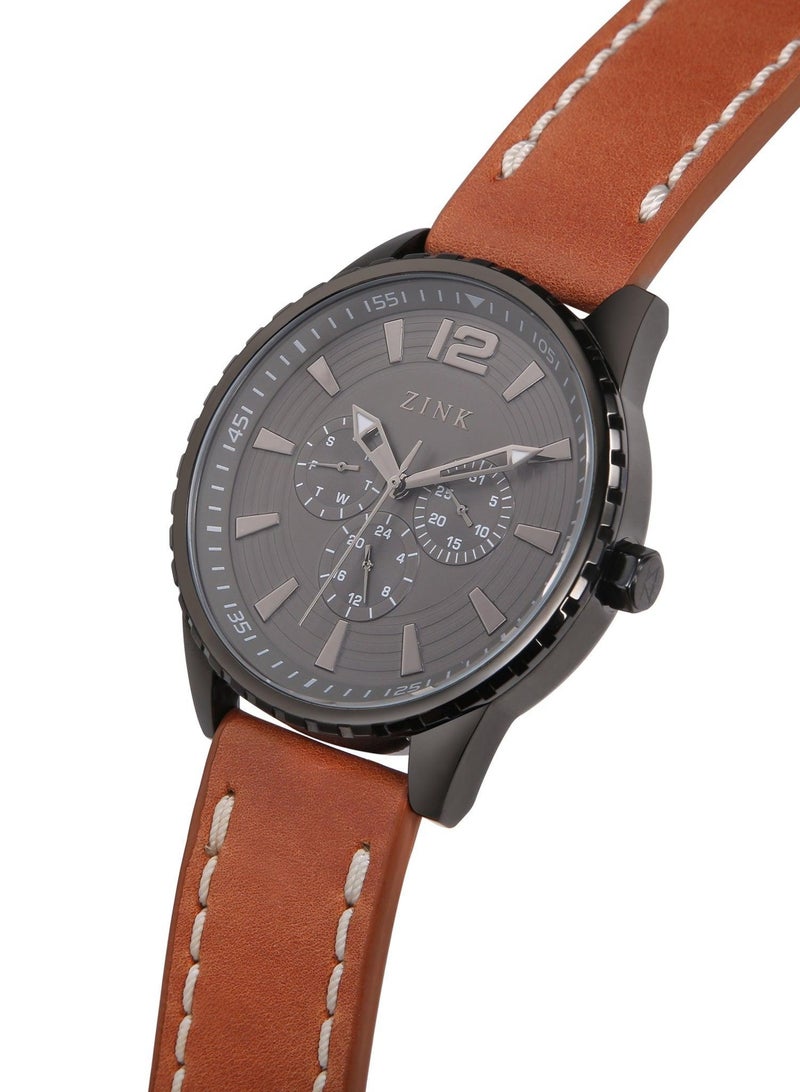 زنك ساعة زينك الأنيقة ZK131G2LS-92 - ساعة رجالية عصرية بسوار جلدي بني ومينا سوداء - Image 2