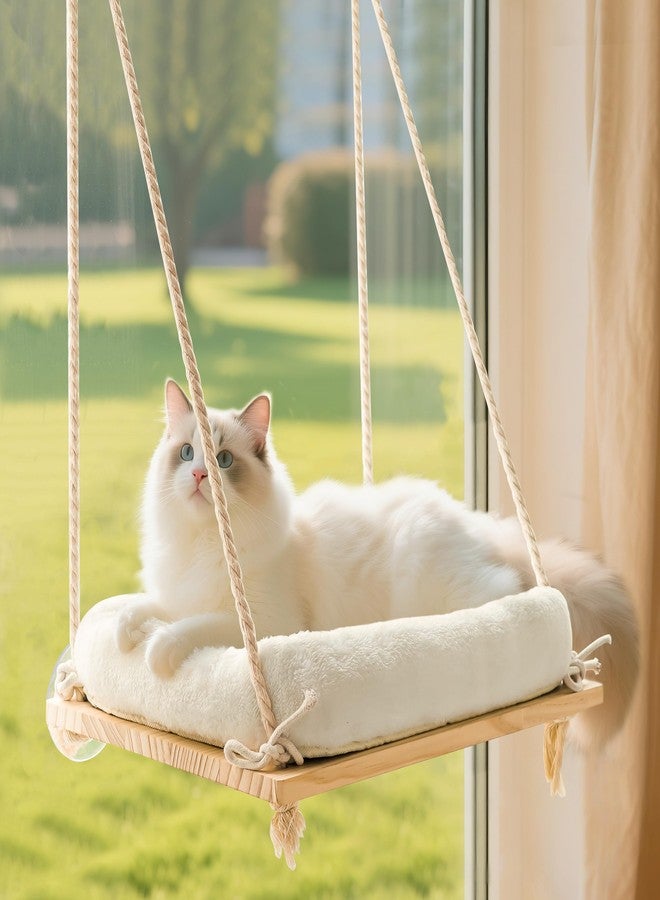 Anywish Cat Window Perch, Rustic Cat Hammock Bed with Solid Wood Seat 4 Heavy Duty Suction Cups, Plush Cushion, Indoor Pet Window Hammock for Cats for Large Cats - Image 1
