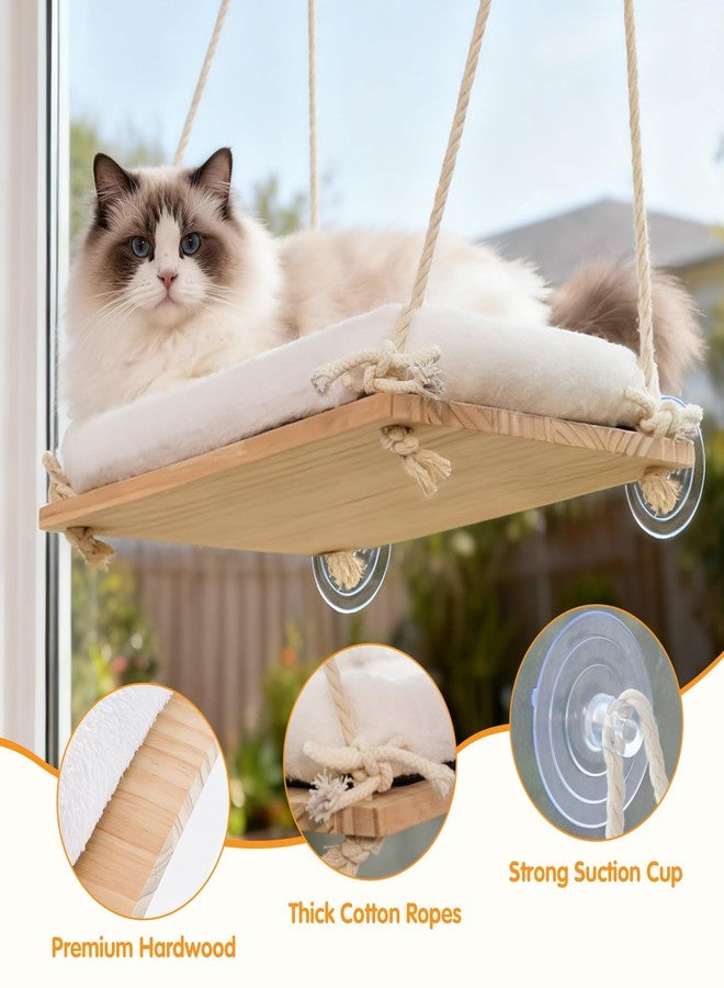 Anywish Cat Window Perch, Rustic Cat Hammock Bed with Solid Wood Seat 4 Heavy Duty Suction Cups, Plush Cushion, Indoor Pet Window Hammock for Cats for Large Cats - Image 4