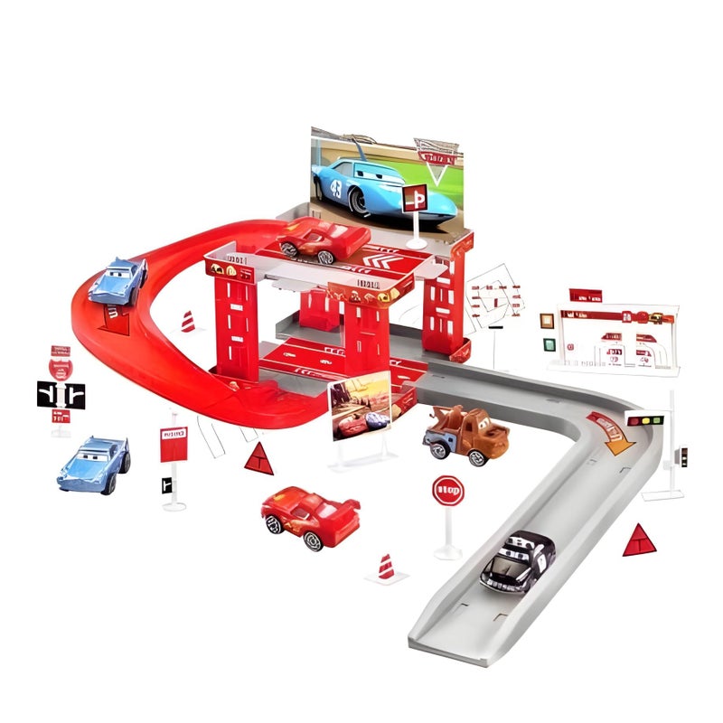 Nopatia Race Track and Parking Set – 2 Tier Car Parking Lot with 4 Cars and Traffic Signs – Kids Race Track – Entertainment & Educational Toy