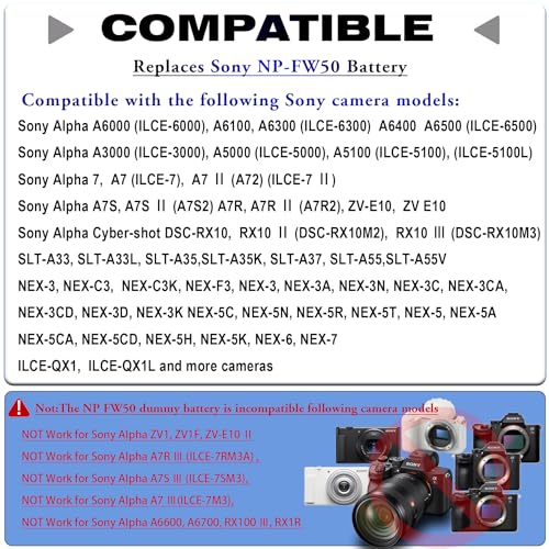 HY1C AC PW20 Power Adapter NP-FW50 Dummy Battery Kit,For Sony Alpha A6000 A6100 A6300 A6400 A6500 A5100 7 A7 A72 A7S A7S II A7R II DSC-RX10II III SLT-A33 A33L A35 A37 A55 C3 F3 3A,NEX-3 5 6 7 ILCE-QX1 - Image 3