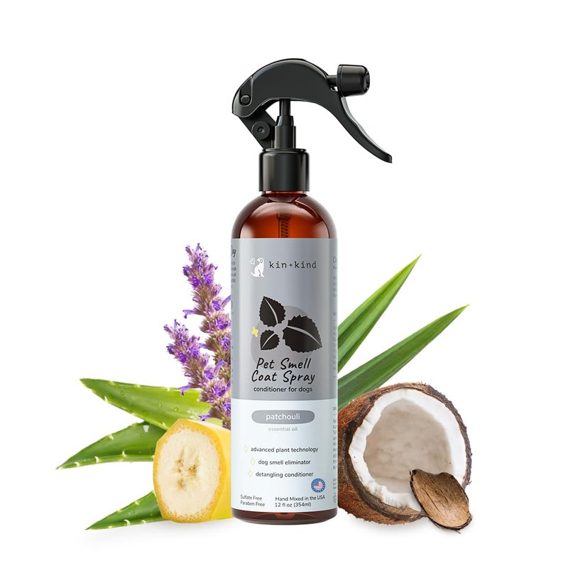kin+kind Dog Coat Spray (12 fl oz) - Deodorizing Patchouli Formula with Long Lasting Dog Cologne Scent with Aloe Vera - Safe, Natural Odor Eliminator for Dogs - Made in USA (Patchouli) - Image 1