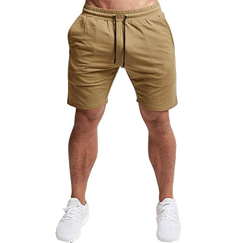 EVERWORTH Men's Casual Training Shorts Gym Workout Fitness Short Bodybuilding Running Jogging Short Pants Kahki XS Tag M - Image 1
