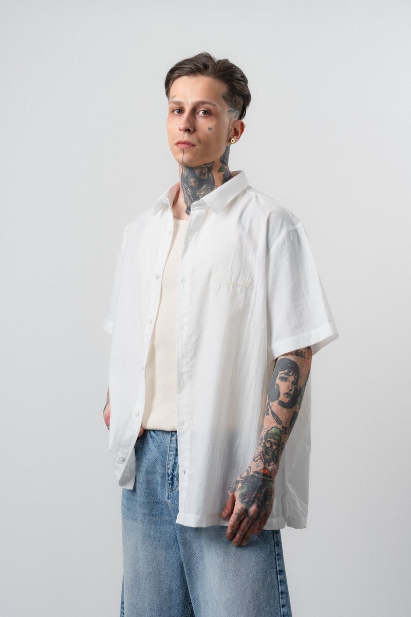 RESPIRE Men's Elementals Embroidered Oversize Shirt, Ecru - Image 4