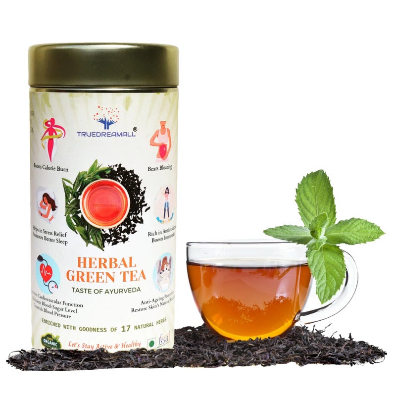 TRUEDREAMALL HERBAL GREEN TEA- Enriched with 17 Natural Herbs-Zero Calorie, Rich in Antioxidants, Vitamins & Minerals, Detoxify the Body-Taste of Ayurveda -150 g - Image 1