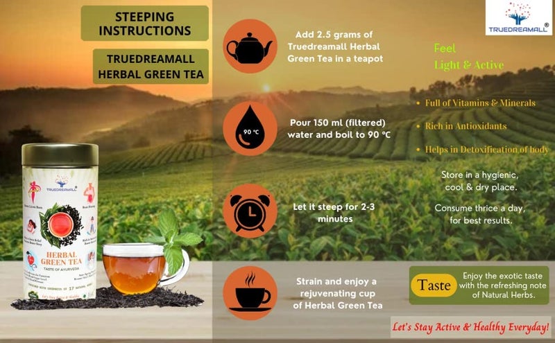TRUEDREAMALL HERBAL GREEN TEA- Enriched with 17 Natural Herbs-Zero Calorie, Rich in Antioxidants, Vitamins & Minerals, Detoxify the Body-Taste of Ayurveda -150 g - Image 2
