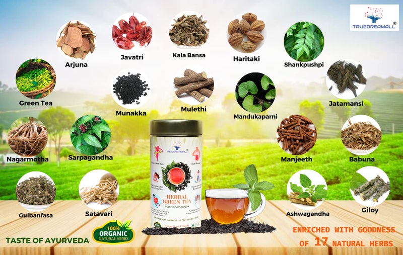 TRUEDREAMALL HERBAL GREEN TEA- Enriched with 17 Natural Herbs-Zero Calorie, Rich in Antioxidants, Vitamins & Minerals, Detoxify the Body-Taste of Ayurveda -150 g - Image 5