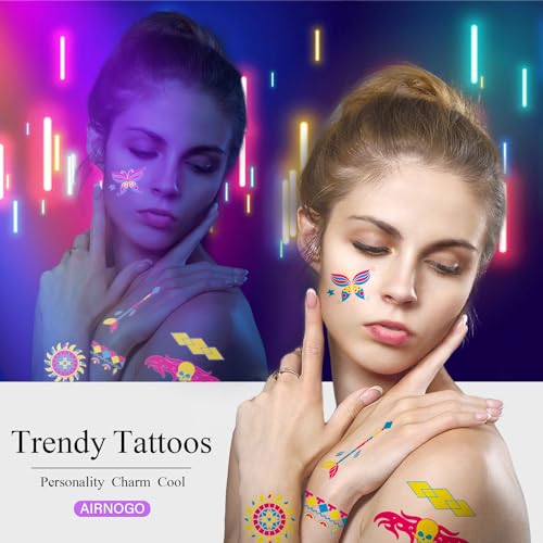 Airnogo Temporary Tattoos 170 PCS Glow in The Dark Tattoos that React to Neon UV Black Light, Tattoos for Kids Teens and Adult, Neon Glow Party Decorations, Glow in The Dark Party Supplies, Glow Party Favors - Image 4