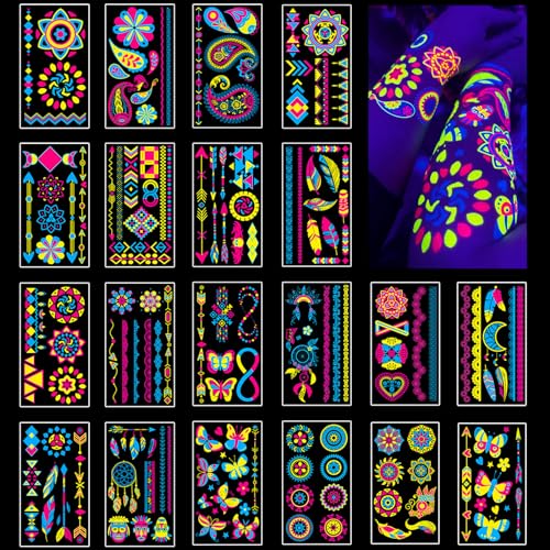 Airnogo Temporary Tattoos 170 PCS Glow in The Dark Tattoos that React to Neon UV Black Light, Tattoos for Kids Teens and Adult, Neon Glow Party Decorations, Glow in The Dark Party Supplies, Glow Party Favors - Image 1
