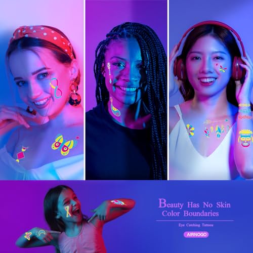 Airnogo Temporary Tattoos 170 PCS Glow in The Dark Tattoos that React to Neon UV Black Light, Tattoos for Kids Teens and Adult, Neon Glow Party Decorations, Glow in The Dark Party Supplies, Glow Party Favors - Image 3