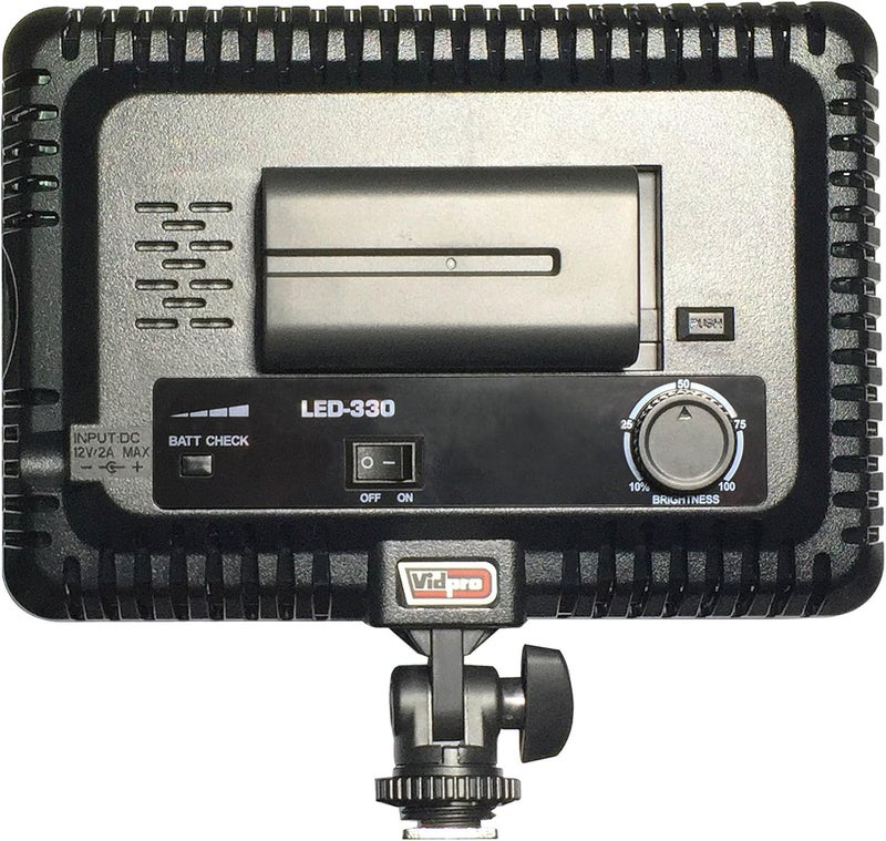 VidPro مجموعة إضاءة الفيديو والصورة LED-330 - ضوء LED على الكاميرا - ضوء قابل للتعديل والتعتيم يناسب الكاميرات وكاميرات الفيديو وDLSR مع حذاء ساخن يتضمن بطارية قابلة للشحن ومرشح ومزيد من الملحقات - Image 4