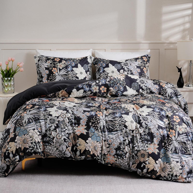 LONAVA Queen Flower 3 Pcs Duvet Cover Set, Breathable Soft Microfiber Black Lining Comforter Cover with Zipper Closure, and 2 Anti-Pilling, Fade Resistant Pillowcases, Midnight Blossoms - Image 1