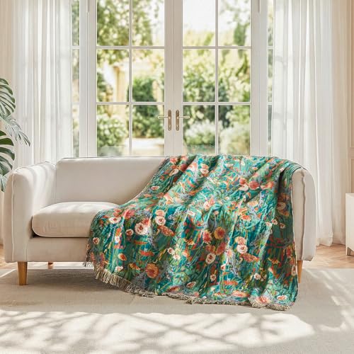LUTBM Boho Throw Blanket for Couch Sofa Chair Cotton Summer Breathable Blankets for Bedroom Living Room All Season Soft Lightweight Reversible Floral Embroidery Throws 50x60 Home Decor - Image 3