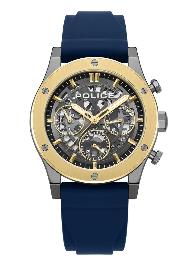 بوليس Knotty Men's 42mm Multi-Function Watch, Silicone Strap, Gold-Plated Top Ring & Gun Transparent Dial