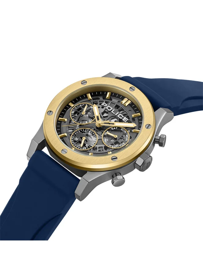 بوليس Knotty Men's 42mm Multi-Function Watch, Silicone Strap, Gold-Plated Top Ring & Gun Transparent Dial