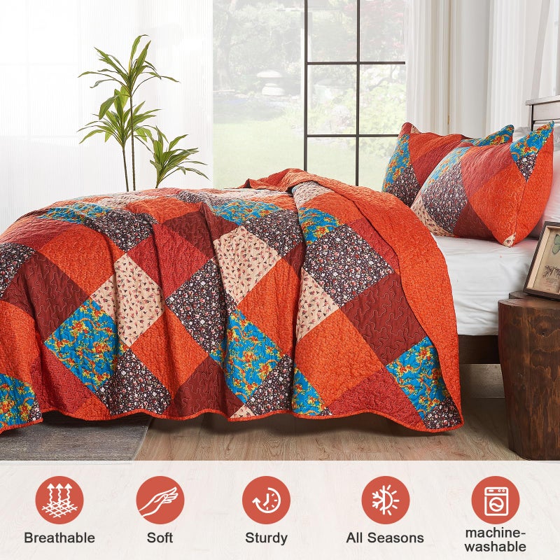 Qucover Patchwork King Quilt Bedding Set, 3 Piece Burnt Orange Bedspread Coverlet Set with Pillowcase, Soft Microfiber Autumn Fall Quilts King Size, 106"x96" - Image 3
