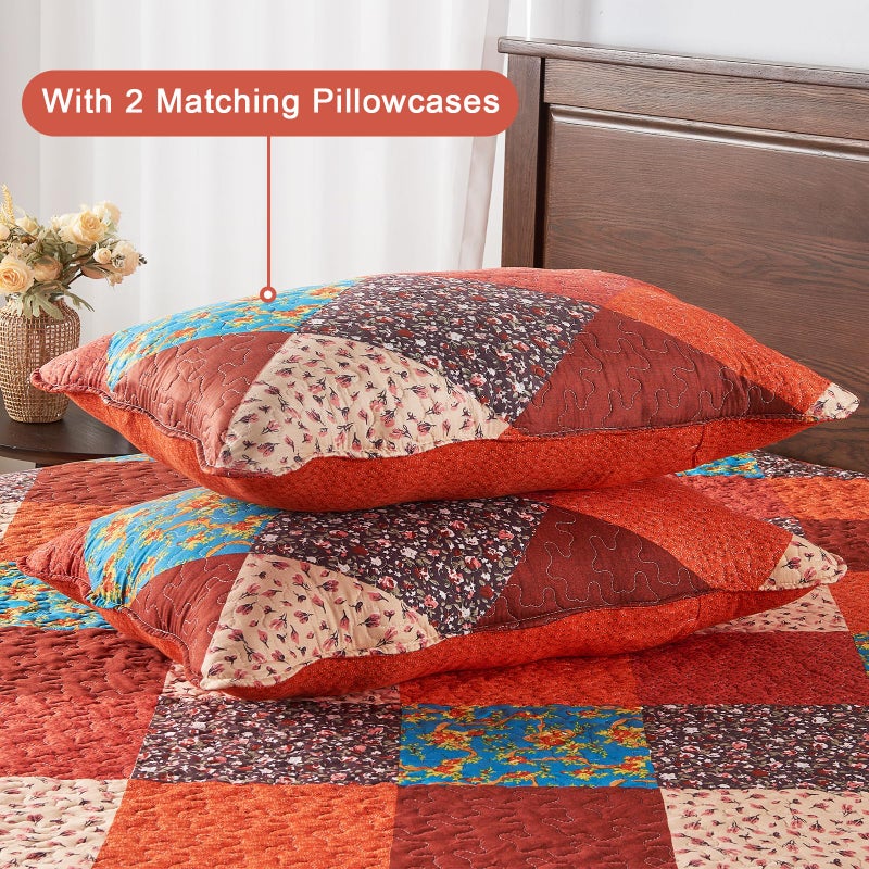 Qucover Patchwork King Quilt Bedding Set, 3 Piece Burnt Orange Bedspread Coverlet Set with Pillowcase, Soft Microfiber Autumn Fall Quilts King Size, 106"x96" - Image 4