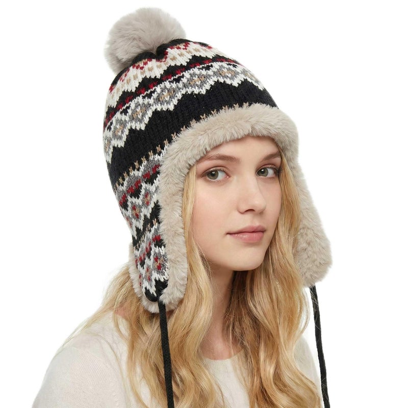 Kejea Knit Beanie Hat Winter Ear Flaps Women Black Ushanka Trapper Hats Skull Ski Cap Men (US, Numeric, 6 3/4, 7 1/2, Black) - Image 1
