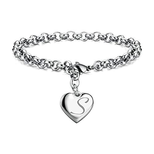 Monily Initial Charm Bracelets for Women Stainless Steel Charm Bracelets for Women Letters S Alphabet Heart Bracelet Jewelry Gifts for Women - Image 1