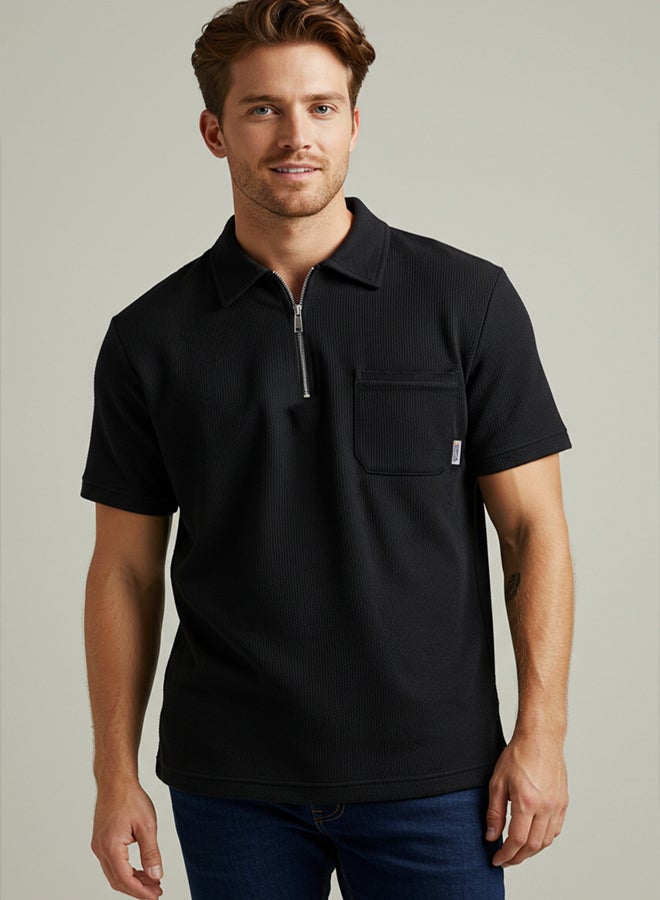 trendyol Black Oversize/Wide Cut Pocket Detailed Textured Polo Neck T-shirt - Image 1