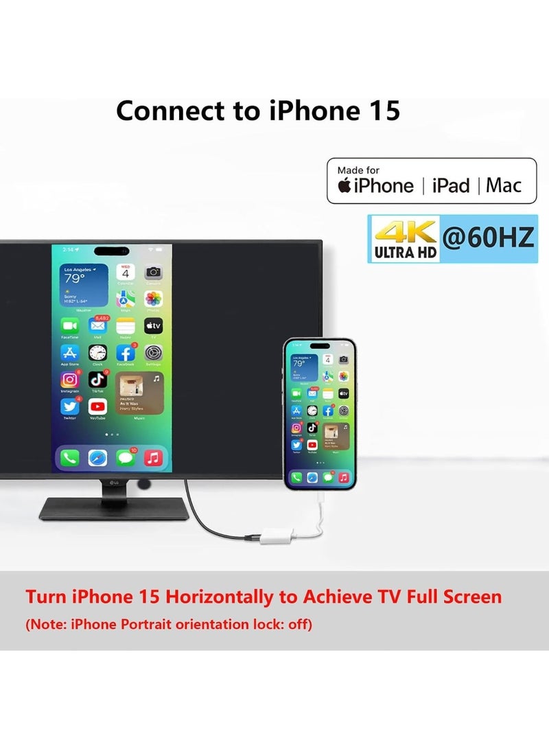 USB C to HDMI Adapter for iPhone 17 16 15 to TV, 4K@60Hz Type-C to HDMI Adapter with 100W Fast Charging Port for iPhone 17/17 Pro/17 Pro Max/Air/16 15 Pro Max to HDTV Projector Monitor - Image 3
