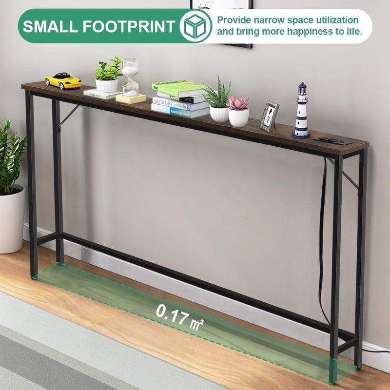 FURWOO طاولة كونسل FURWOO لمدخل المنزل طاولة جانبية صناعية حديثة مدمجة مع محطة شحن طاولة أريكة للمساحات الصغيرة بني أستيك - Image 4