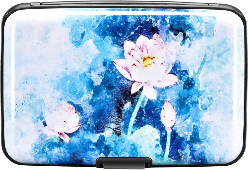 ELFISH Mini RFID Aluminum Wallet Credit Cards Holder Business Card Case Metal ID Case for Men Women (Blue Lotus) - Image 1