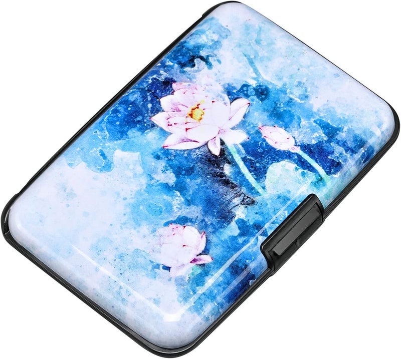 ELFISH Mini RFID Aluminum Wallet Credit Cards Holder Business Card Case Metal ID Case for Men Women (Blue Lotus) - Image 4