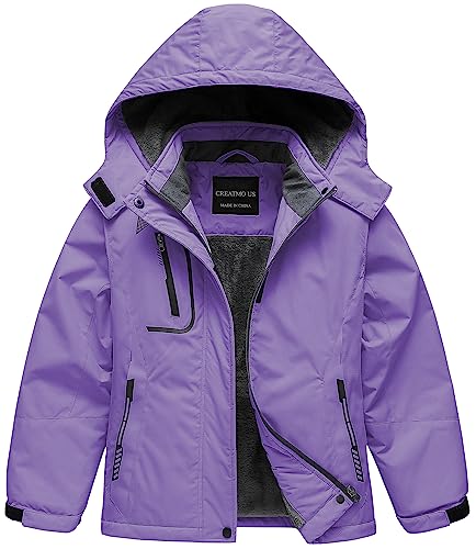 CREATMO US Girls Winter Coat Girl Ski Jacket Girl's Waterproof Kids Outdoor Windproof Fleece Lined Hooded Snow Light Purple 10-12 - Image 4
