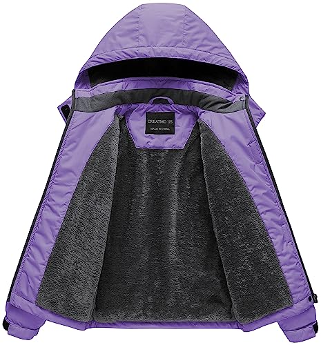 CREATMO US Girls Winter Coat Girl Ski Jacket Girl's Waterproof Kids Outdoor Windproof Fleece Lined Hooded Snow Light Purple 10-12 - Image 3