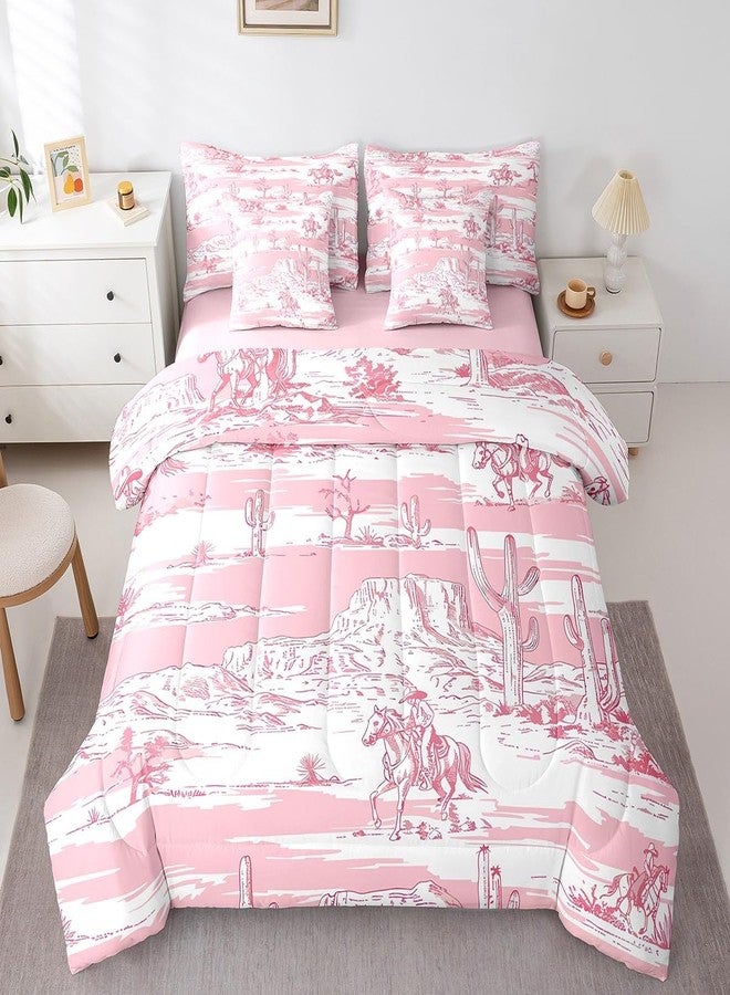Erosebridal طقم مفروشات سرير غربي من 7 قطع من إيروسبريدال، مقاس كامل، طقم لحاف وردي اللون بتصميم راعية بقر وحصان، مناسب لتزيين غرف الفتيات والأطفال، طقم سرير ريفي بنمط غربي بري مع شرشف مطاطي، شرشف مسطح، وأغطية وسائد. - Image 1